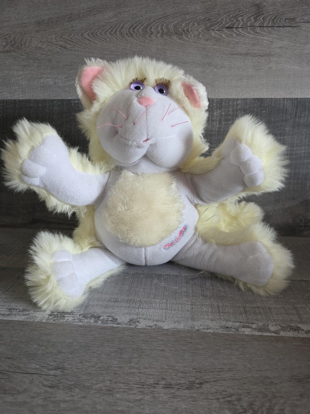 Fisher Price Purr-Tenders Cream Cat Plush VTG 1987 Purple Eyes 15" Works b263